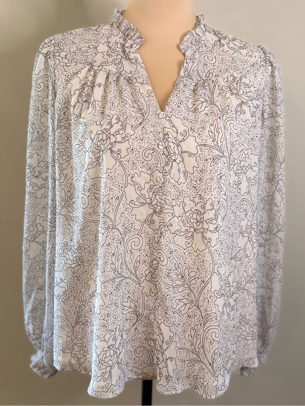 Joie Cream and Black Floral Ruffle Neck Blouse